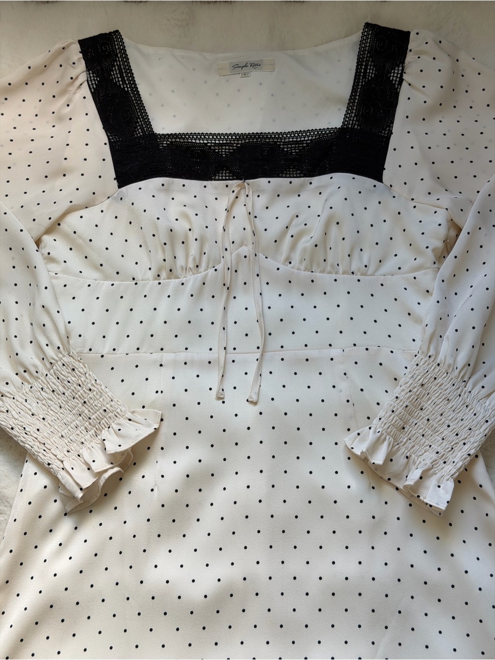 Simple Retro Mazie Long Sleeve Polka Dot Square Neck Midi Dress Lace Trim Cream - Picture 9 of 16